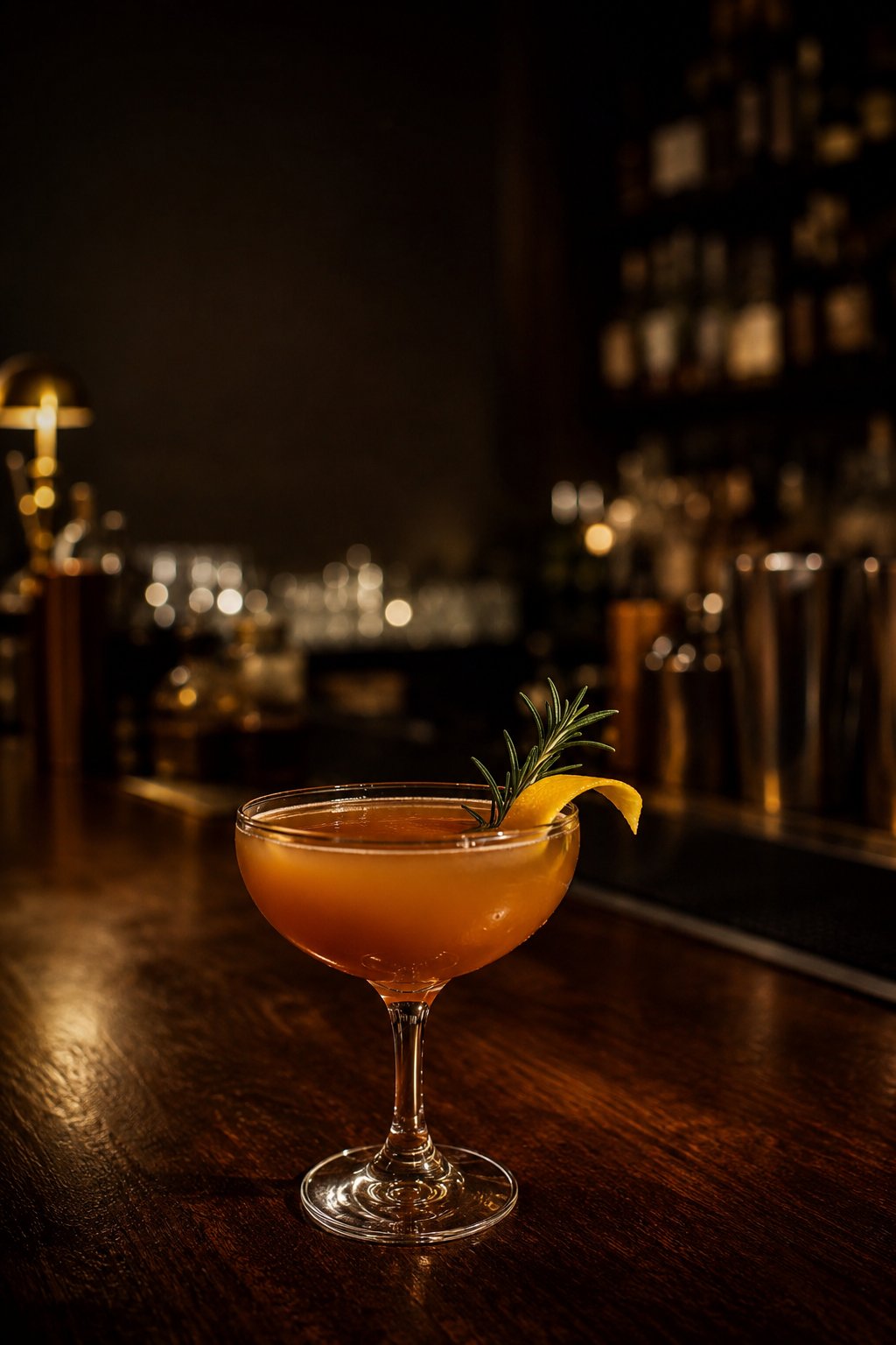 Craft cocktail in coupe glass with rosemary and citrus garnish at a dark bar