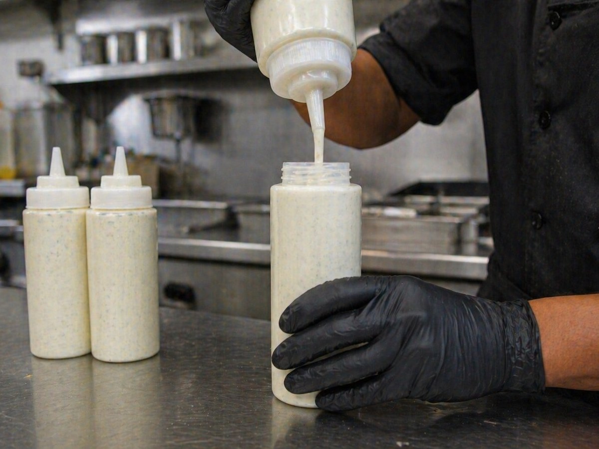 Hand-filling white sauce bottle